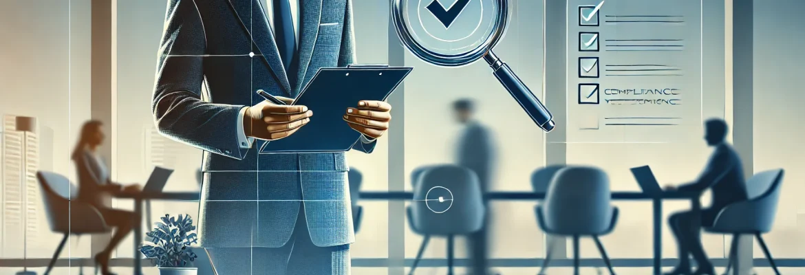DALL·E 2025-03-03 03.03.39 - A professional and corporate-themed illustration of an expert auditor reviewing documents, checklists, or reports on a clipboard or laptop. A magnifyi